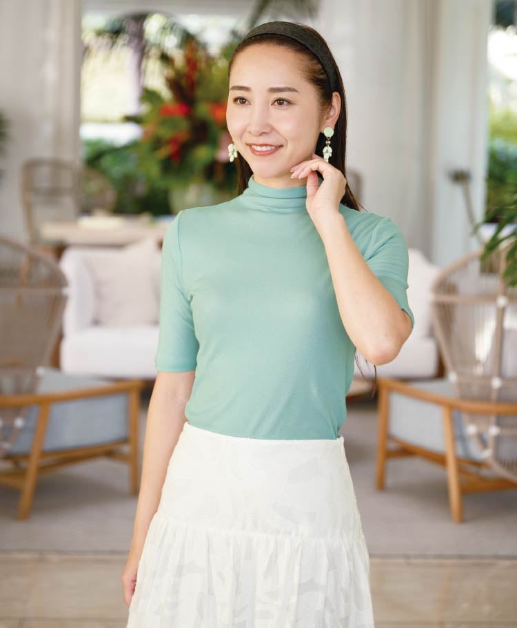 天使の綿シフォン　リバーシブルタートルネック長袖Tシャツ　グリーン×アンバー リバーシブルボトルネック5分袖 | 天使の綿シフォン公式OnlineShop